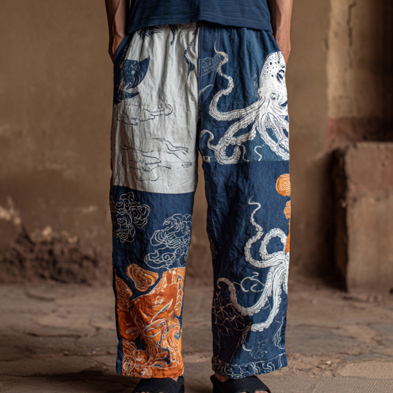 Men's Retro Japanese Art Ocean Octopus Print Casual Pants  artssus