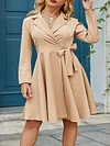 Urban Solid Color Pleated Bandage Notched Collar A-Line Long Sleeves Mini Dress