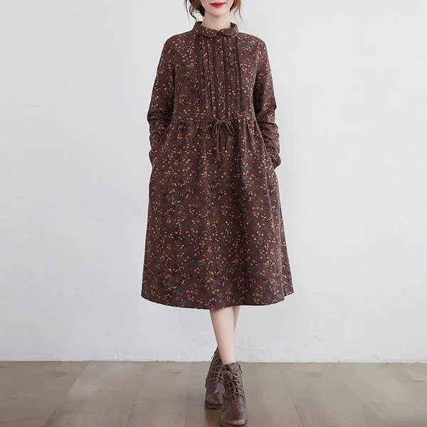 Women Cotton Linen Casual Dresses New Peter Pan Collar Loose Ladies Knee-length A-line Dresses