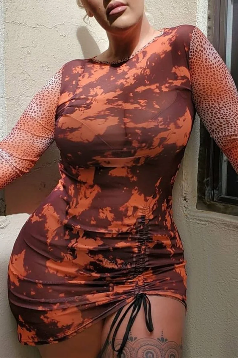 Coffee Fashion Sexy Print Basic O Neck Long Sleeve Plus Size Dresses | EGEMISS