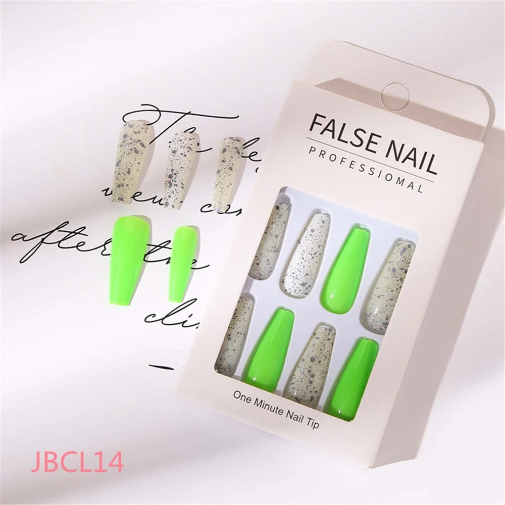 24 Pcs Long Design Ballet Coffin Fake Nails Sequins False Nail Artificial Plastic Press On False Nail Tips Manicure Nail Art