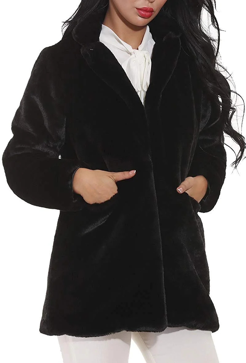 Women Faux Fur Coat Jackets Outerwear Long Sleeve with Pockets Winter Soft Thick