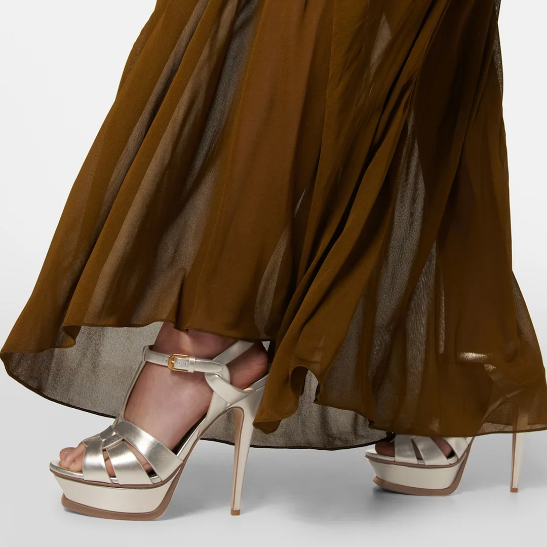 Vintage Champagne T-Strap Prom Heels Open Toe Platform Sandals