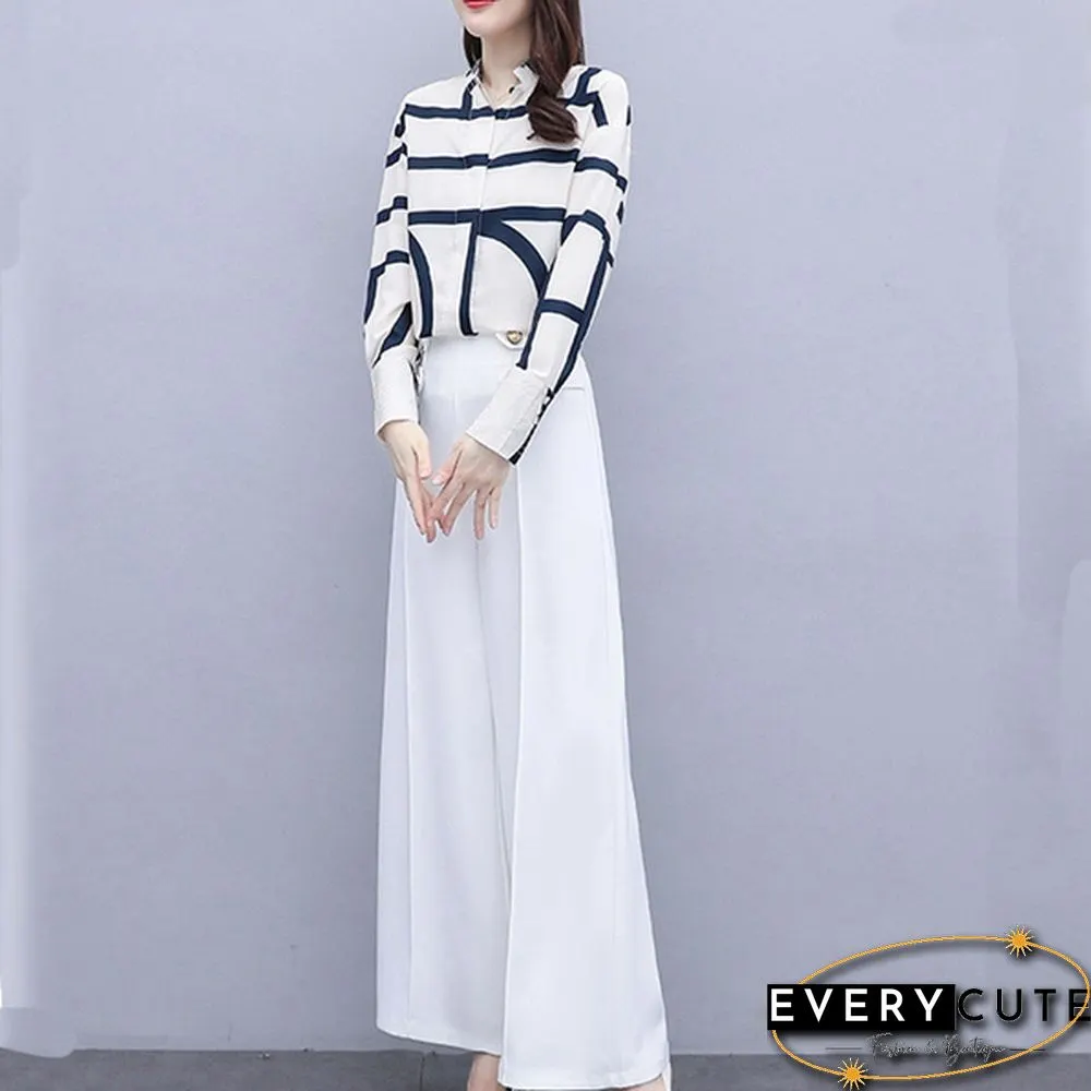 Autumn Fashion Office Two Piece Set Outfits Women Striped Chiffon Shirt Wide Leg Pants