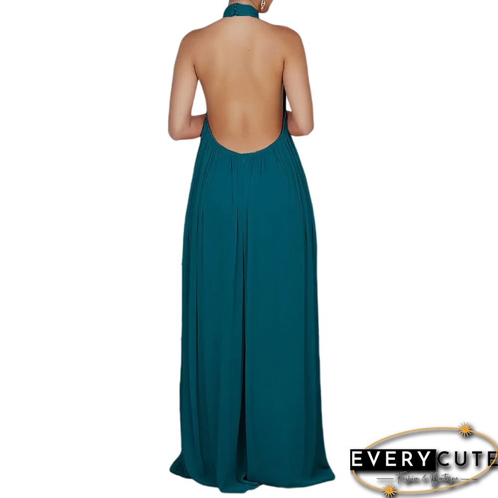 Peacock Blue Halter Neck Backless Chiffon Wide Leg Jumpsuit