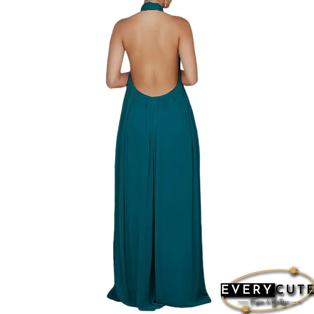 Peacock Blue Halter Neck Backless Chiffon Wide Leg Jumpsuit
