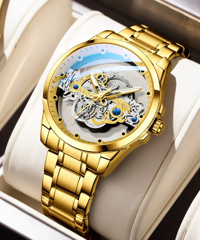 New Gold Stainless Steel Hollow Out Fully Automatic Mechanical Waterproof Watch