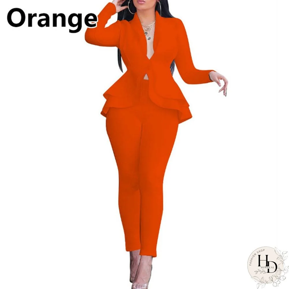 Women's Solid Color Suit Set Office Outfits Work Blazer Jacket Pants Business Ruffle Formal