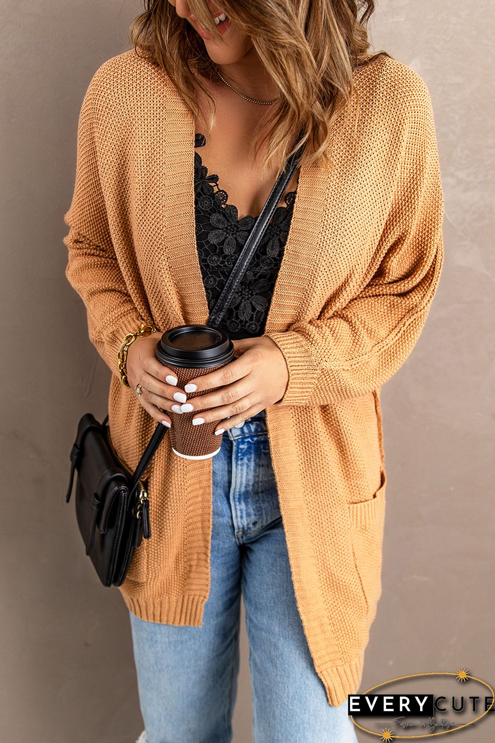 Khaki Open Front Knitted Sweater with Pocket