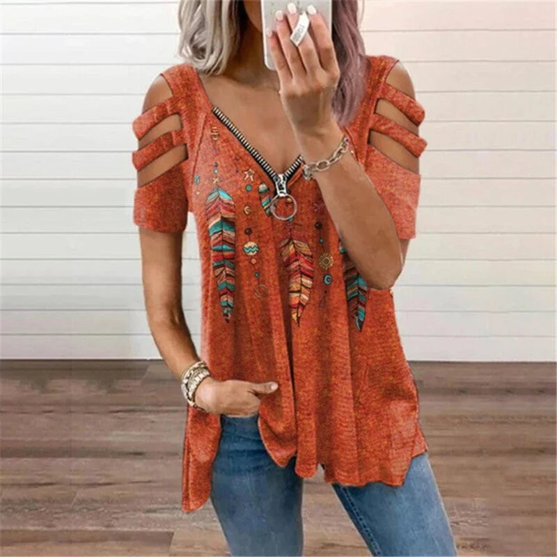Uveng Collar Leisure Zipper Pullover Print Short Sleeve Loose T-shirt Top