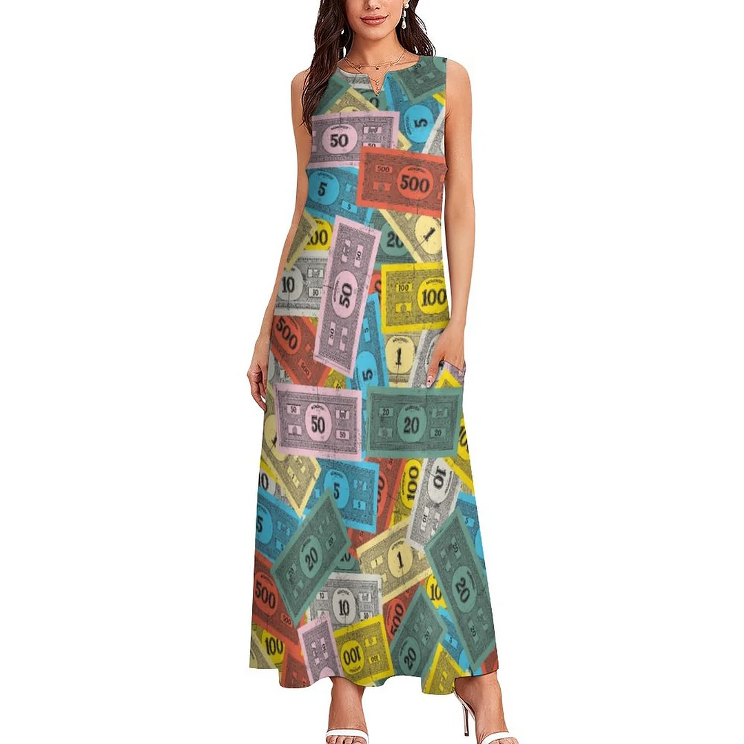 Vintage Monopoly Money Womens Plus Size Long Boho Dresses Loose V Neck Sleeveless Maxi Dress with Pockets