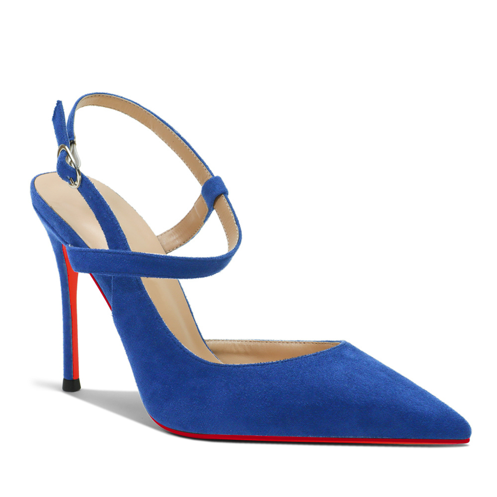 100mm Women Slingback Pumps Ankle Strap Jenlove Stiletto Mid Heel Close Pointed Toe Dress Red Bottoms Suede Shoes-MERUMOTE