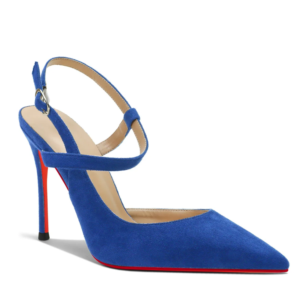 100mm Women Slingback Pumps Ankle Strap Jenlove Stiletto Mid Heel Close Pointed Toe Dress Red Bottoms Suede Shoes-MERUMOTE