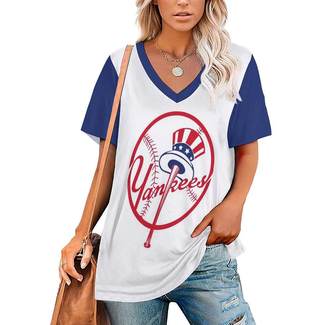 V-neck Short Sleeve Casual T-shirt for  Women Printed with Pattern ,Blue