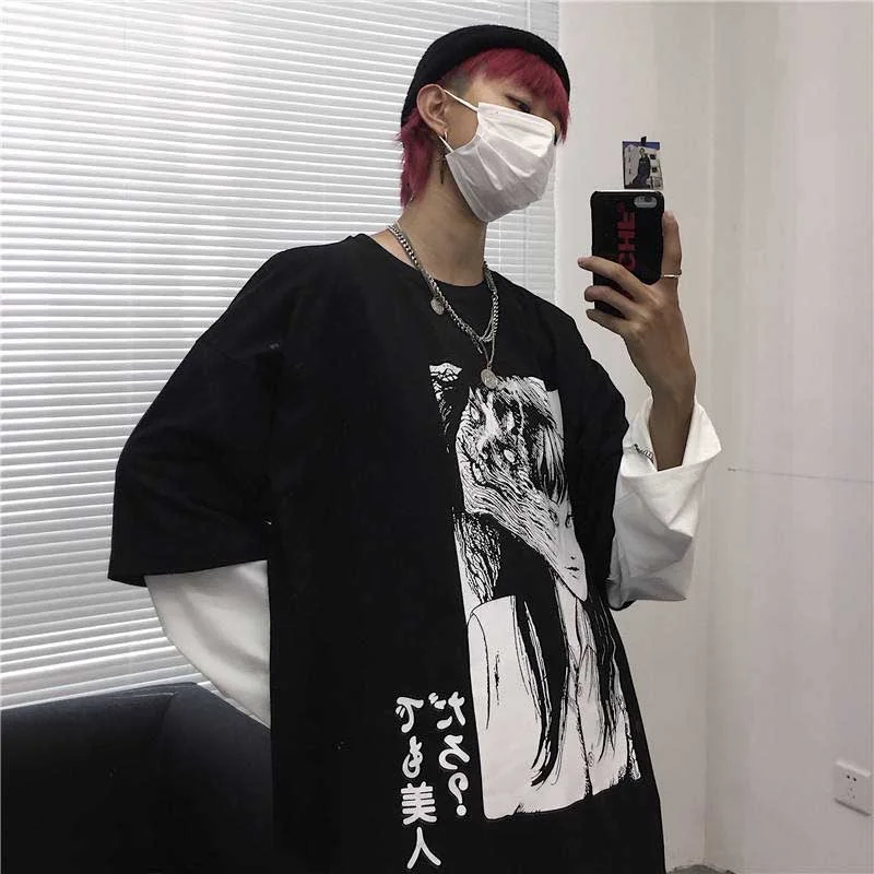 NiceMix Harajuku T-shirt Women Fake 2 Pieces Print Japanese Fujiang Horror Comics Long Sleeve Shirt Women Vetement Femme 2020