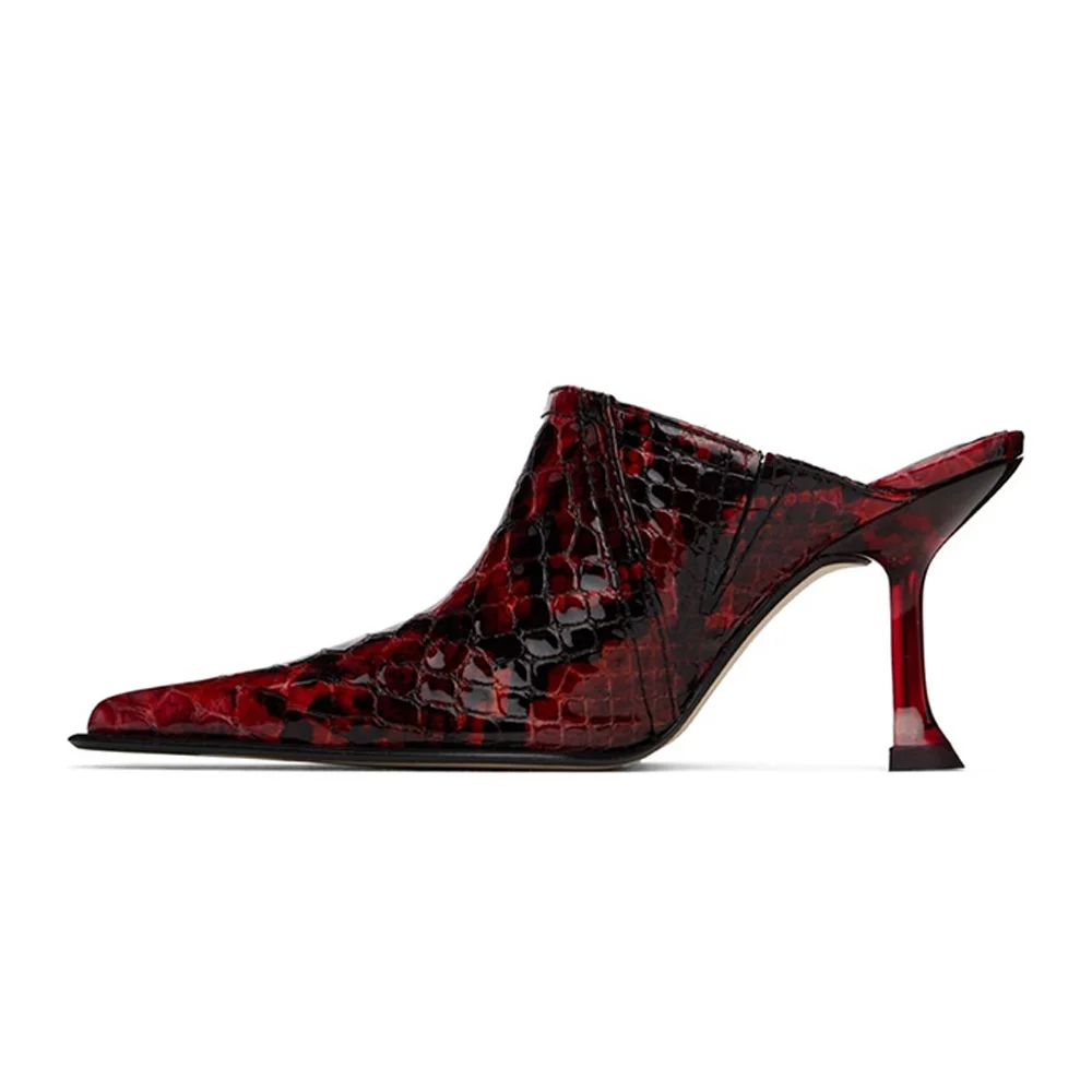Red & Black Pointed Toe Flared Heel Snakeskin Embossed Mules for Women