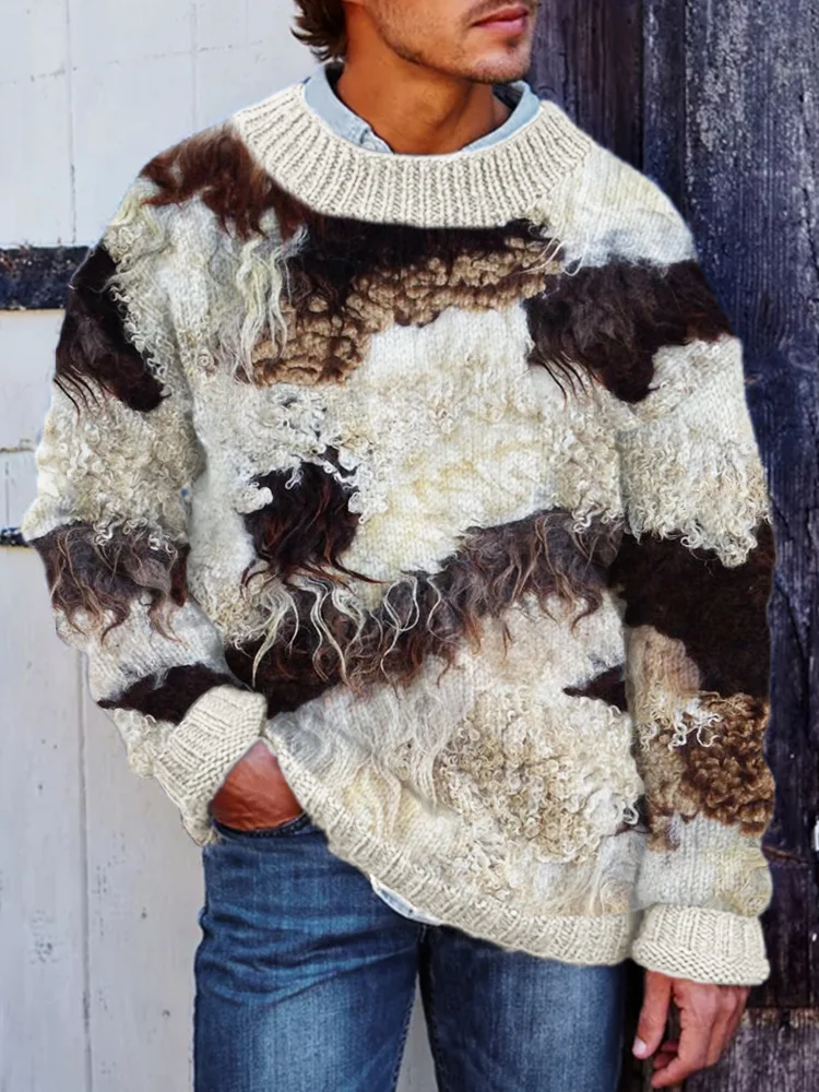 Men's Sheep & Cowhide Patchwork Fuzzy Fleece Cozy Sweater