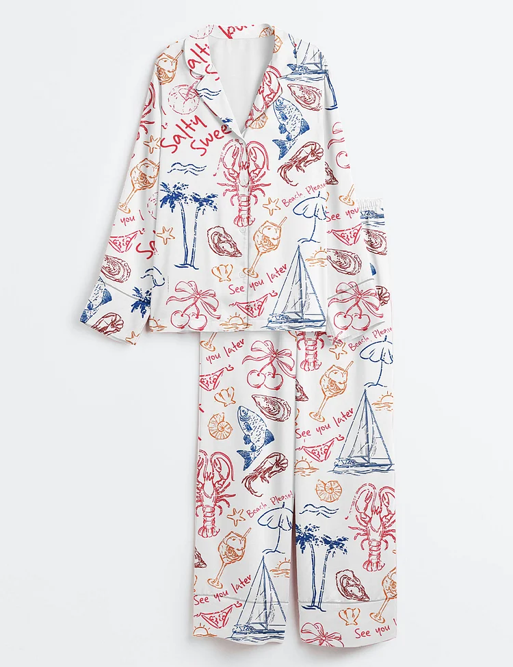 Women&rsquo;s Salty But Sweet Retro Summer Coastal Beach Aesthetic Summer Cocktail Sea Food Lobster Print Long Sleeve Satin Pajama Set