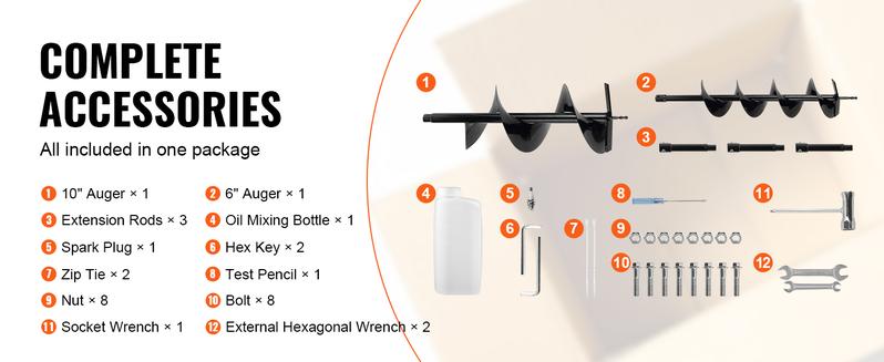Product Introduction of VEVOR Post Hole Digger. 52cc 1450W Auger Post Hole digger. Gas Powered Earth Digger with Two Earth Auger Drill Bit 6" & 10" and 3 Extension Rods. for Farmland. Garden and Plant. EPA certification VEVOR Super Brand Day 8