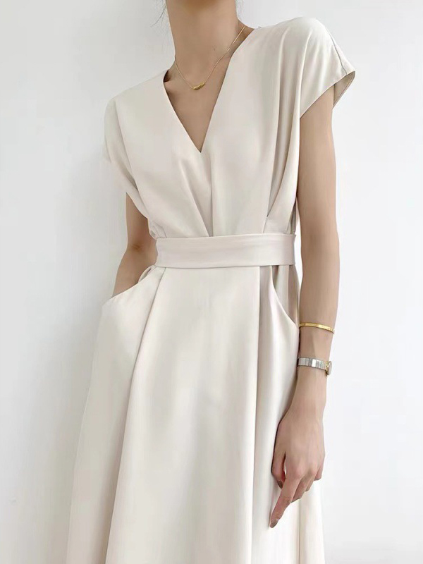 Deep-V Cap Sleeve Solid Color Side Pockets Midi Dress