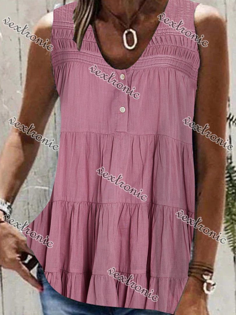 Women's Sleeveless V-neck Button Color Stitching Tops