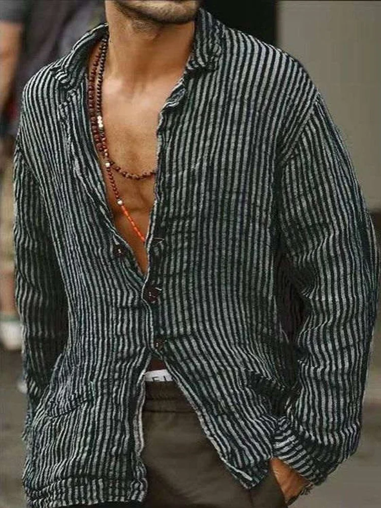 Men's Striped Long Sleeve Linen Casual Shirt