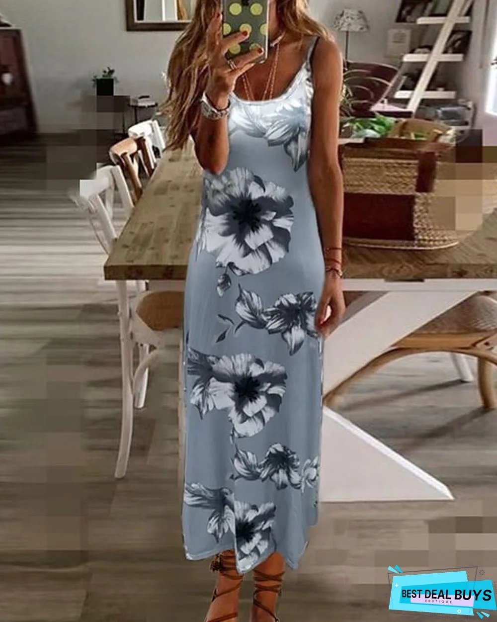 Women's Swing Dress Maxi Long Dress - Sleeveless Floral Print Summer V Neck Plus Size Hot Casual Beach Vacation Dresses Blue Purple Blushing Pink Fuchsia Green Gray