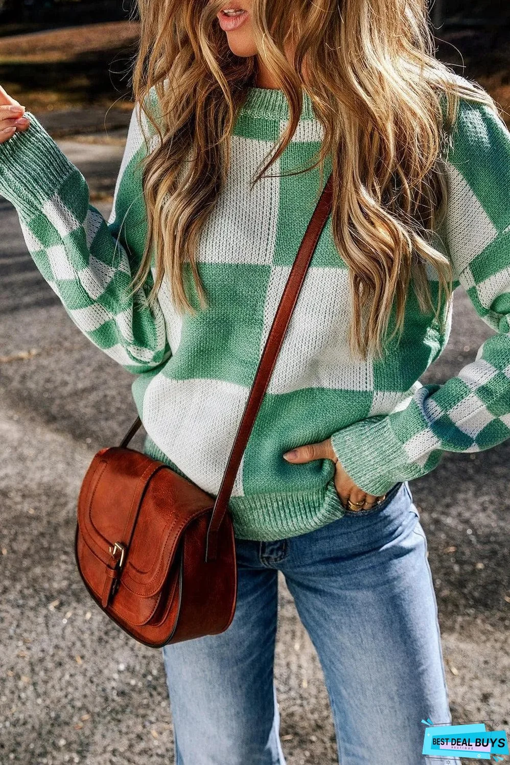 Mint Green Checkered Print Drop Shoulder Sweater
