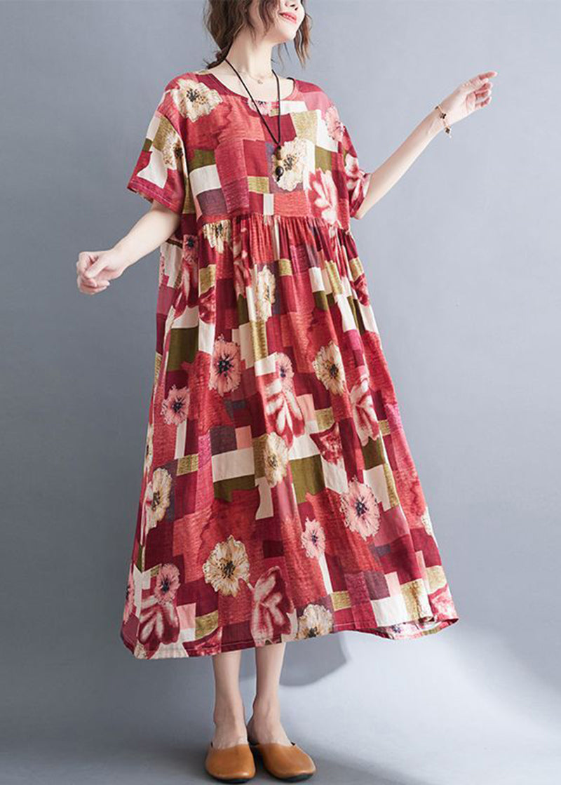 VCSHOES Red Oversized Print Pockets Cotton A Line Dress Summer