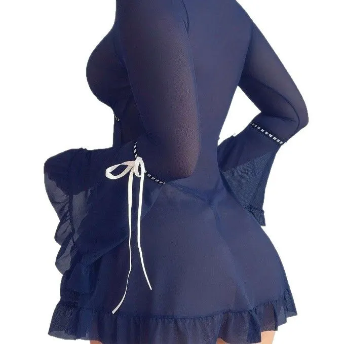 Churchf Sex Lingerie New Sexy Print Mesh Perspective Long-Sleeved Strap Strips With Short Back Dress