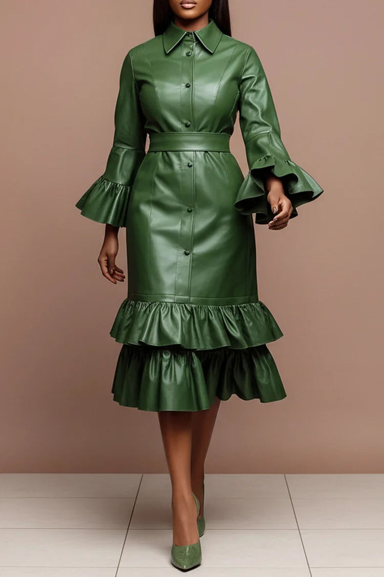 Xpluswear Design Plus Size Business Casual Green Shirt Collar Flare Long Sleeve Ruffle Elegant Bodycon PU Leather Midi Dresses Green-2XL/18-20 Xpluswear Design Plus Size Business Casual Green Shirt Collar Flare Long Sleeve Ruffle Elegant Bodycon PU Leather Midi Dresses Green-2XL/18-20