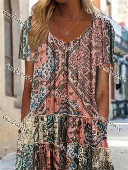 Women Short Sleeve Scoop Neck Floral Printed Stitching Maxi Dress