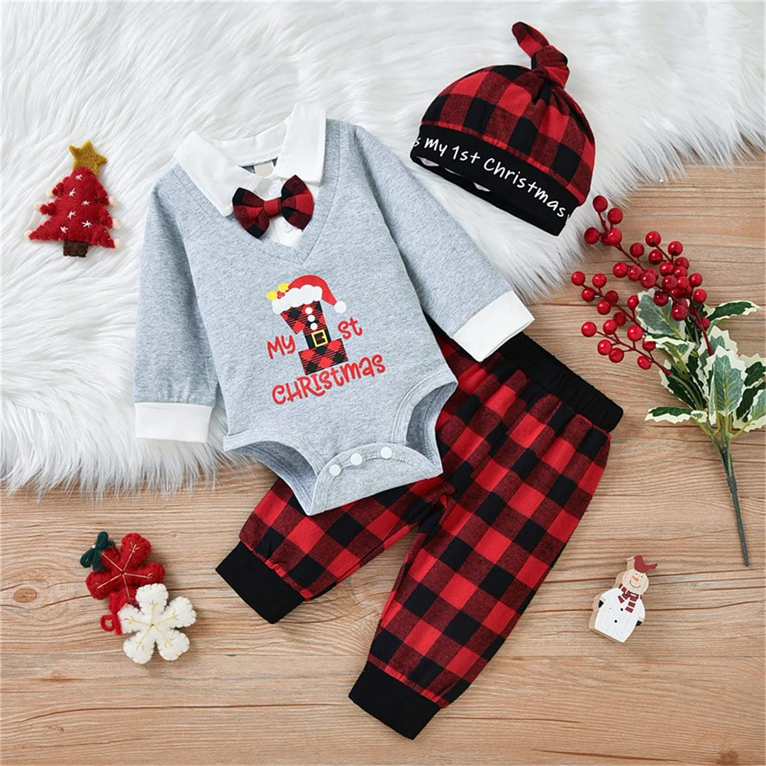3PCS My First Christmas Letter Plaid Printed Baby Set