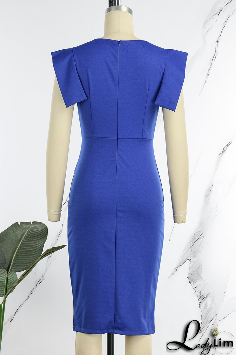 Royal Blue Casual Solid Patchwork Slit O Neck Pencil Skirt Dresses