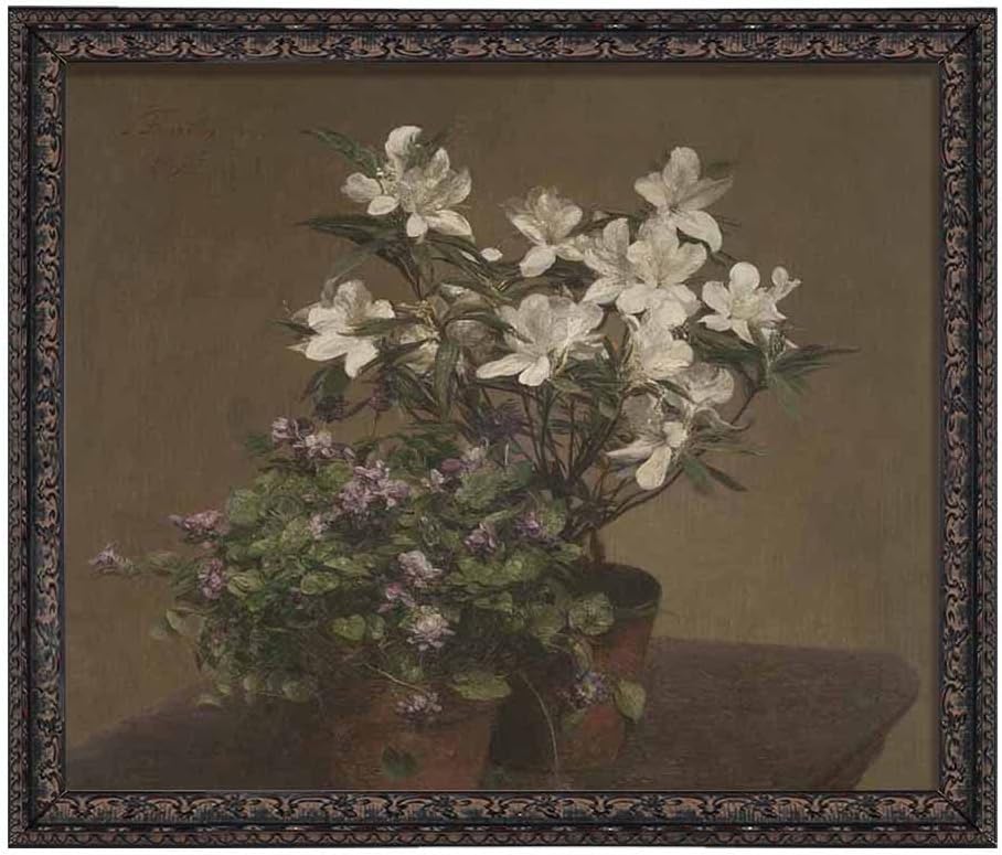 Violets and Azaleas Painting Poster for Bathroom Art Reproduction, Canvas Prints Picture Canvas Wall Art for Living Room Decor Framed Wall Art Black Frame,40x44cm,16 inch x17 inch  C-Black