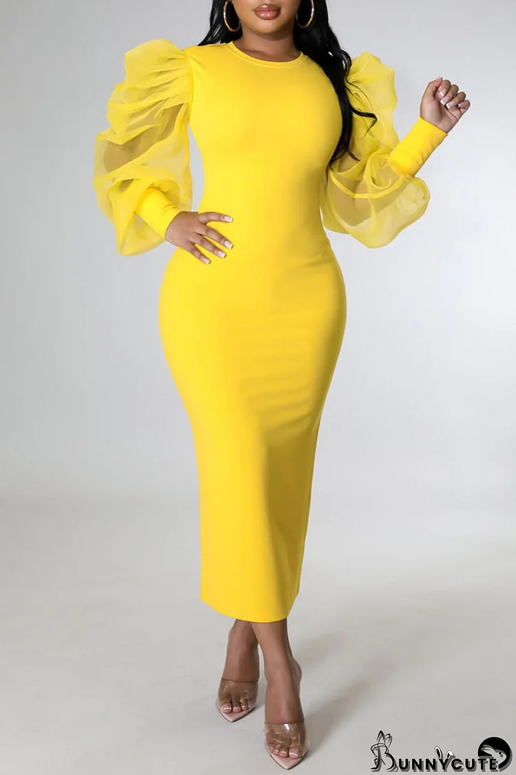 Yellow Fashion Casual Solid Patchwork O Neck Long Sleeve Dresses