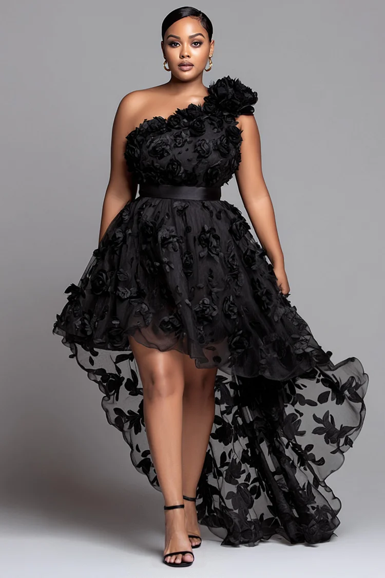 Xpluswear Design Plus Size Party Black One Shoulder High Low Hem 3D Mini Dresses [Pre-Order] 2024 - Xpluswear