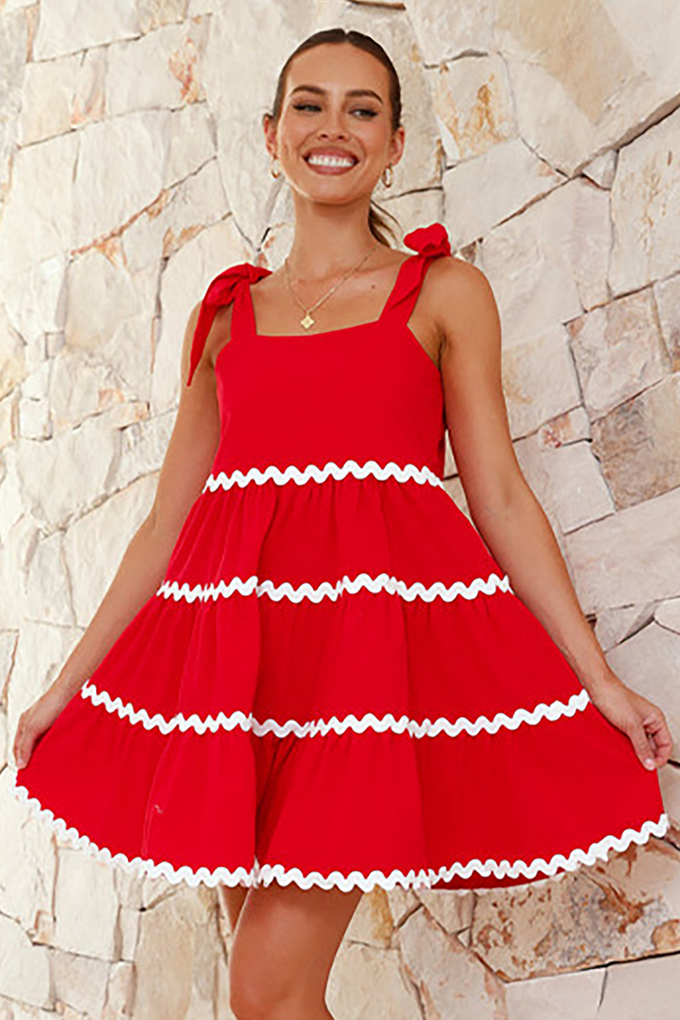 Colorblock Wavy Trim Tie Up Wide Straps A-Line Mini Dresses-Red