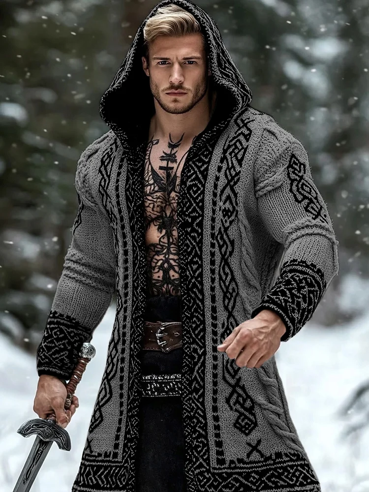 VChics Men's Viking Tribal Pattern Jacquard Celtic Cozy Cardigan Sweater