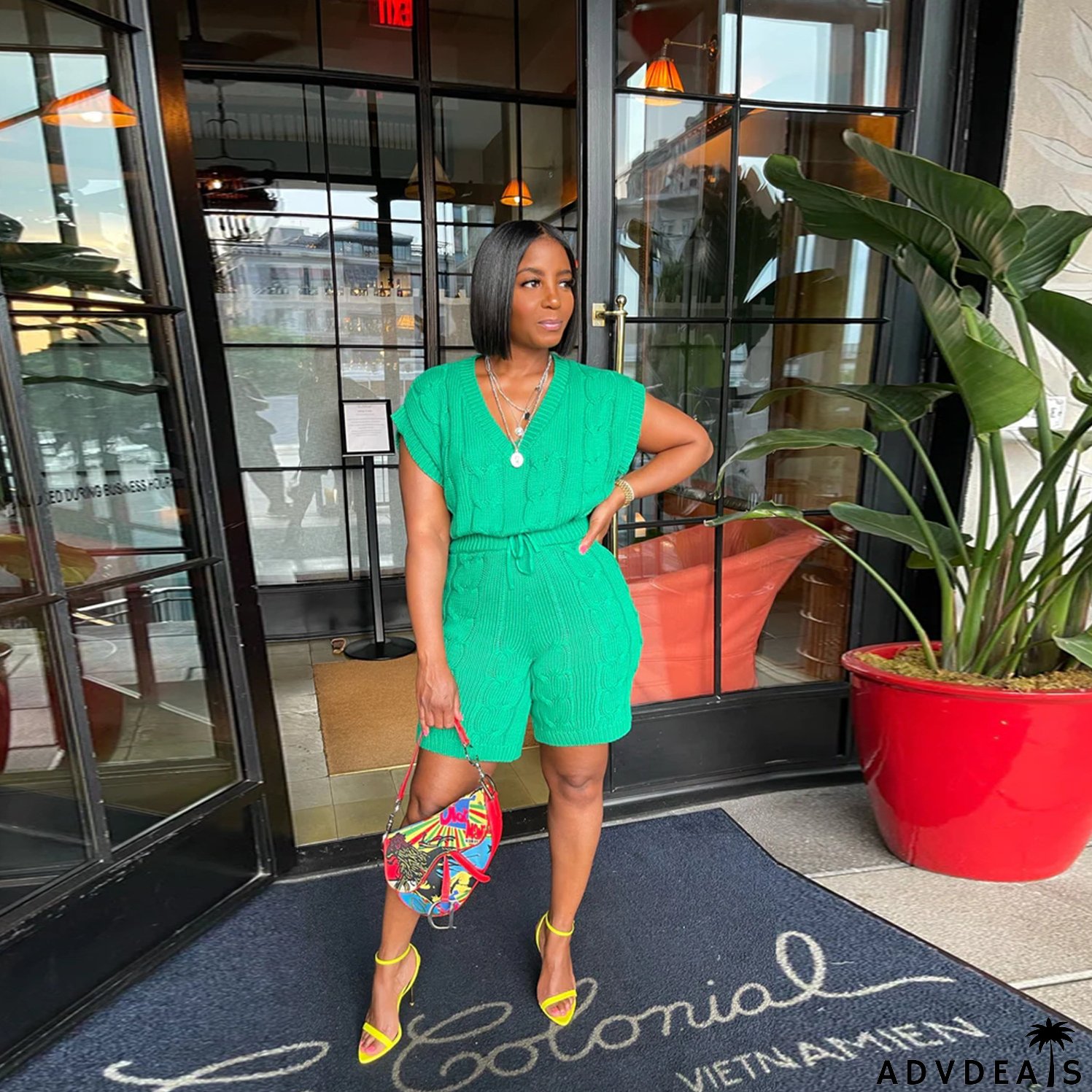 Sexy Solid Deep V Neck Sleeveless Loose Sweater Slim Shorts Two Piece Set