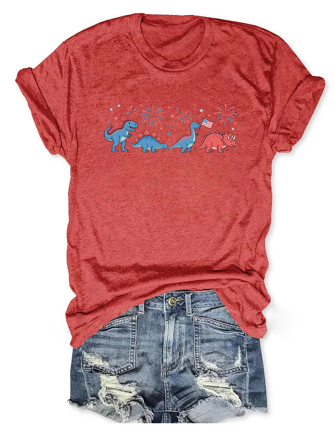 Cute Dinosaur American Flag Fireworks T-shirt