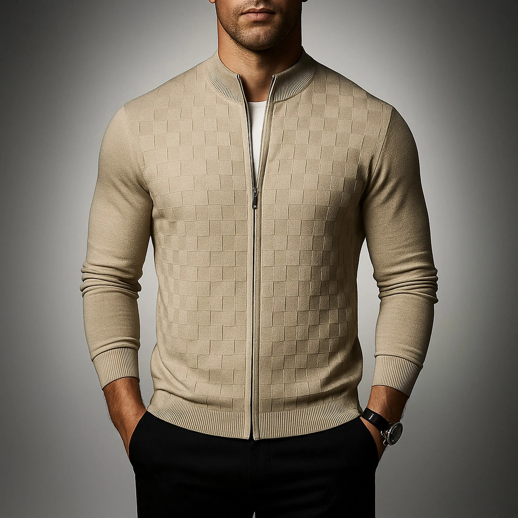 Men's Basketweave Zip Cardigan &ndash; Stand-Collar Knit Jacket