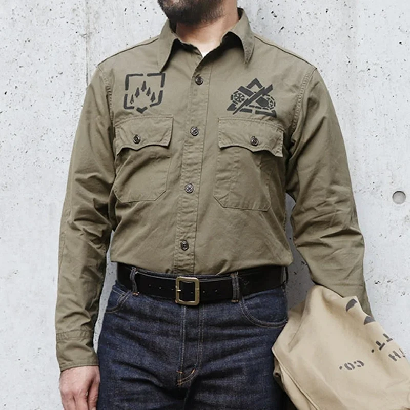 1930-1940s Olive Military Print Long Sleeve Shirt