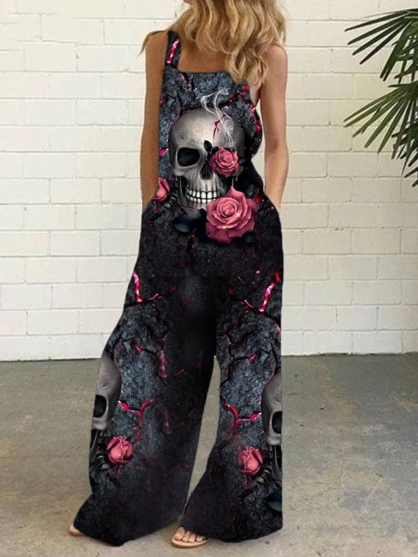 flower skull print loose jumpsuit