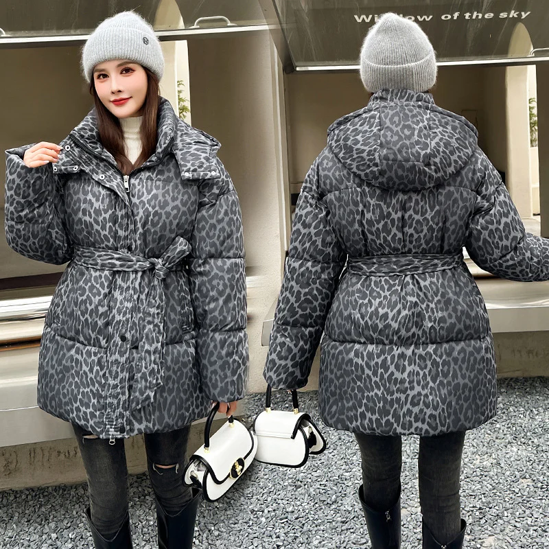 Woherb Cotton-Padded Coat Female Medium Long Style 2024 Winter Korean Version Of The Thick Foreign Style Down Cotton-Padded Suit With Leopard Print Chic Cotton-Padded Coat-Outfit Ideas
