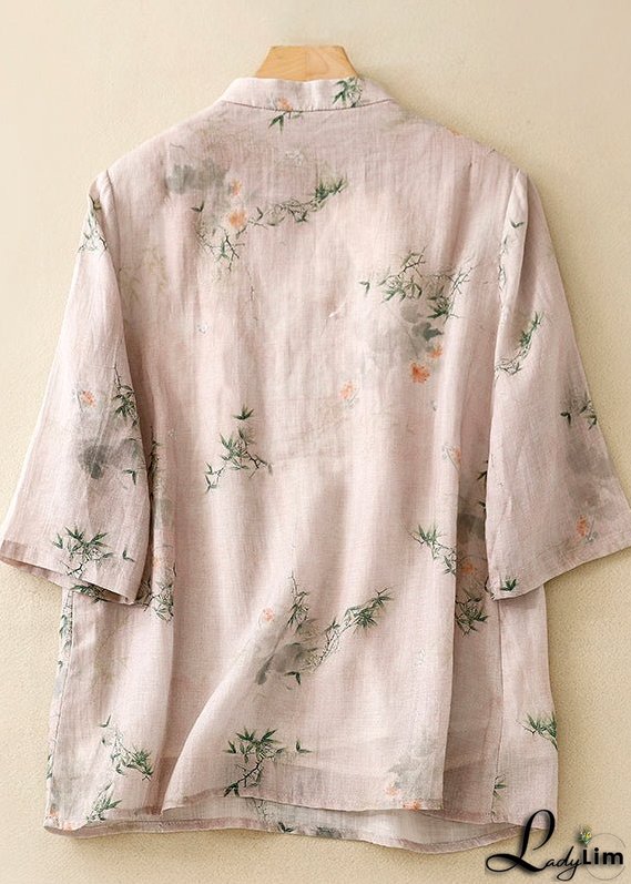 Casual Versatile Pink Stand Collar Print Cotton Shirts Summer