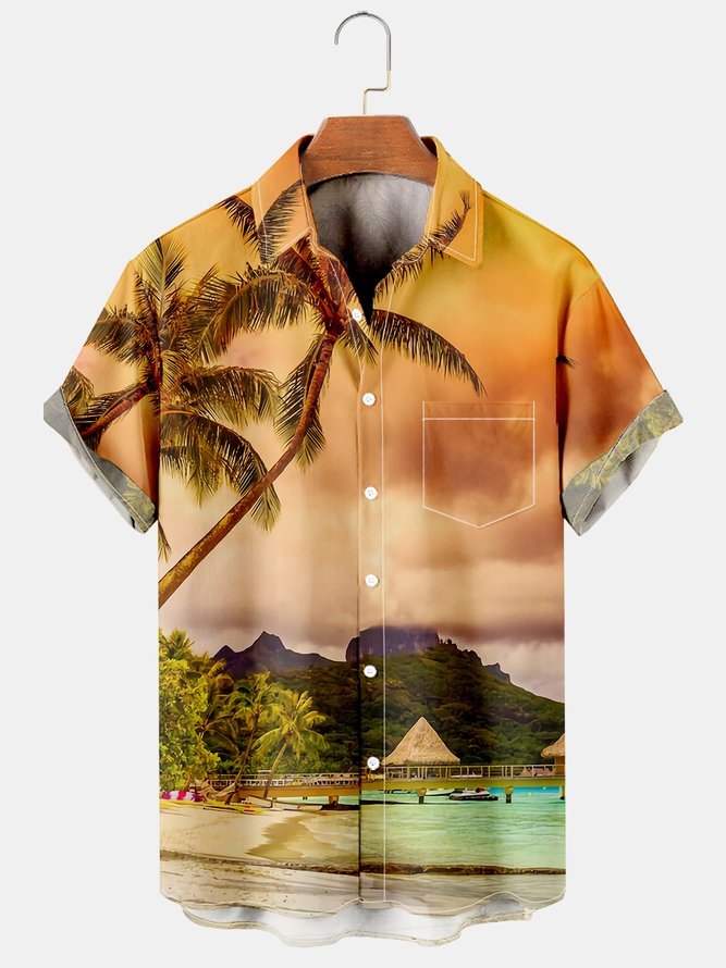 Vacation Leisure Plant Elements Coconut Tree Pattern Hawaiian Style Printed Shirt Top