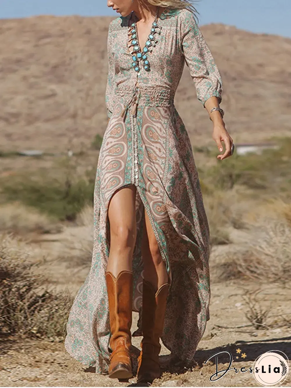 Retro Elegant Bohemia Floral Print Draw Back Maxi Dress P14353