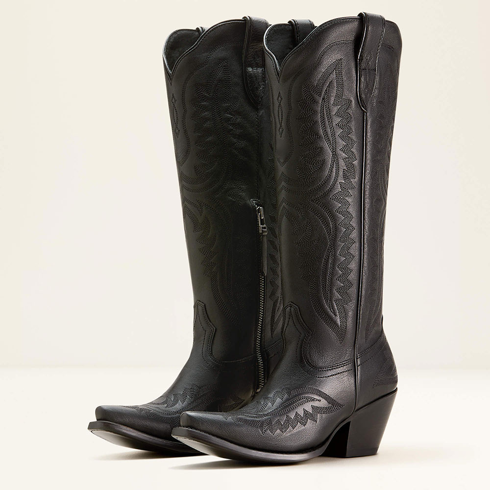 Black Embroidered Wing Snip Toe Block Heel Knee High Cowgirl Boots Nicepairs