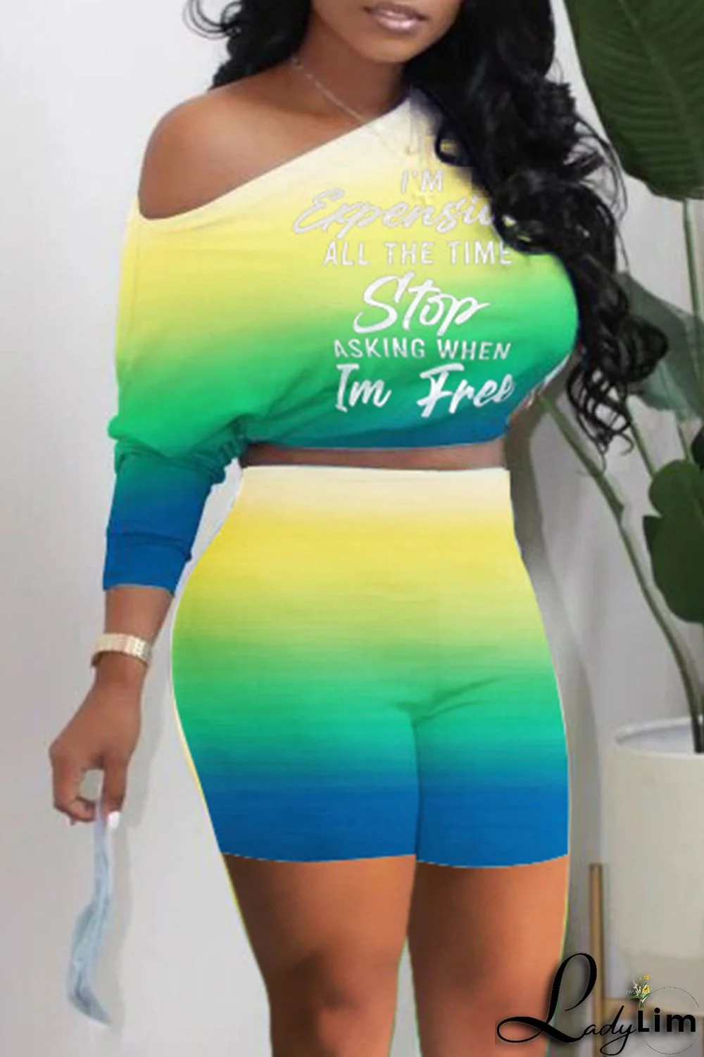 Fluorescent Green Fashion Casual Gradual Change Letter Print Basic O Neck Long Sleeve Two Pieces